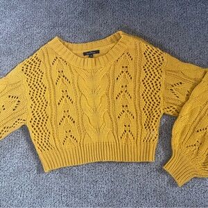 Mustard crocheted crop sweater with cute puffy sleeves.